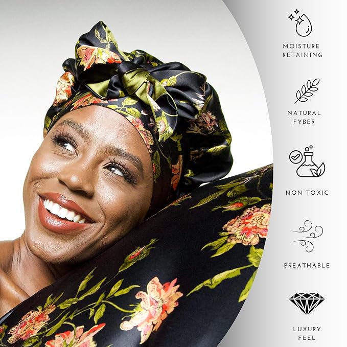 Wild Rose 100% Pure Silk Hair Bonnet Luxurious Reversible Wonder Loop Mulberry Silk for Curly Hair - Ultimate Sleeping Companion with Ties for Women - Handmade in USA