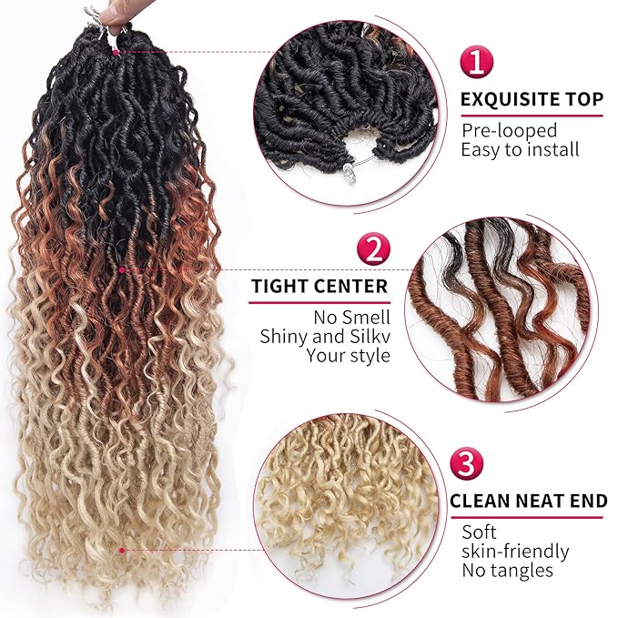 Goddess Locs Crochet Hair 18Inch 8Packs Crochet Locs,Boho Faux Loc With Curly Ends River Hippie Bohemian Loc Crochet Hair for Black Women(1B/30/613 18inch(Pack of 8))