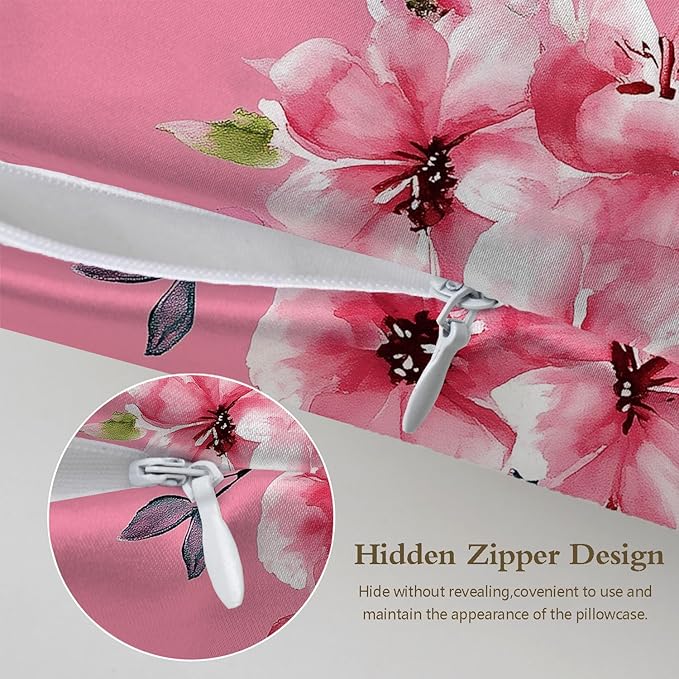 Satin Pillowcase with Zipper for Hair and Skin Blessed Watercolor Pink Floral 1 Pack Soft Silk Pillow Case Standard Size Wrinkle-Free Smooth and Cooling Satin Pillow Cover 20”x26”
