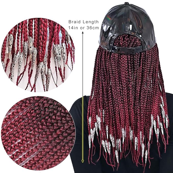 14" Box Braid Hair Extensions Burgundy w/Silver Clasps, PU Baseball Cap Wig for Women Girls Easy Wear