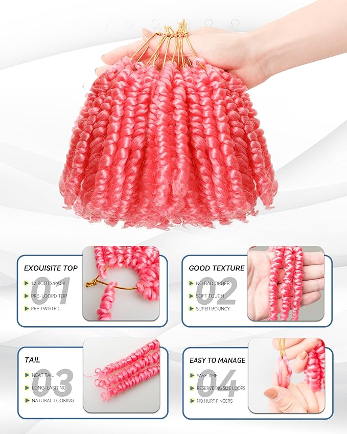 Short Passion Twist Crochet Hair for Black Women and Kids,Pre-Twisted Pre Looped Passion Twist Hair,4 Inch 8 Packs Short Bob Spring Twist Bohemian Braids,Curly Crochet Hair Extensions(4"-8P,Pink)