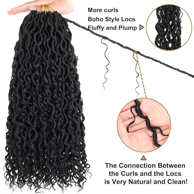 COOKOO 20 Inch 8 Packs Goddess Locs Crochet Hair Natural Black Boho Faux Locs Crochet Hair with Curls Pre Looped River Locs Hair for Black Women Bohemian Locs Synthetic Hair Extensions 1B#