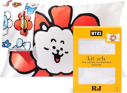 Kitsch x BT21 Satin Pillowcase with Zipper – Better Than Silk Pillowcase, RJ Character & Funky Floral Print – Soft Cooling Toddler Bed Time Pillow Case for Hair & Skin – Queen/Standard 19x26