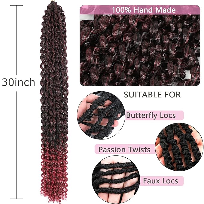 Passion Twist Hair Burgundy Red 30 Inch 8 Packs Water Wave Crochet Hair Braiding Hair Long Spring Twist Hair For Butterfly Locs Synthetic Hair Extension (30 Inch (Pack of 8), TBG)