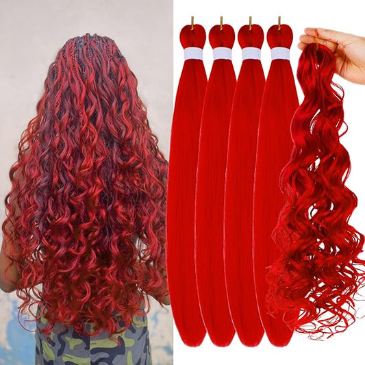 Red Boho Braiding Hair Pre stretched Hypoallergenic Synthetic Braiding Hair Yaki Texture Curly Bohemian Braids