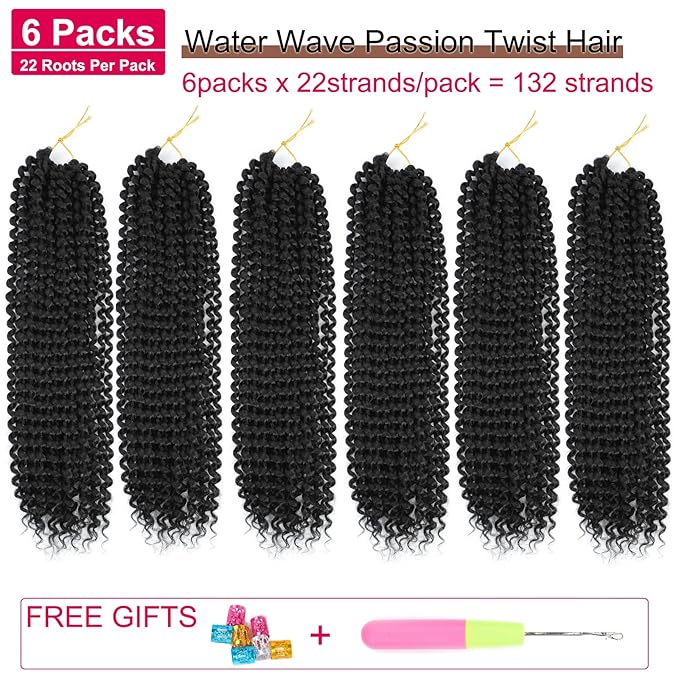 132 strands Passion Twist Hair Water Wave Black Color Curly Crochet Braids For Bomb Twists Goddess locs 18inch Long Bohemian Curl Synthetic Braiding Hair Extensions (18inch, 1B)