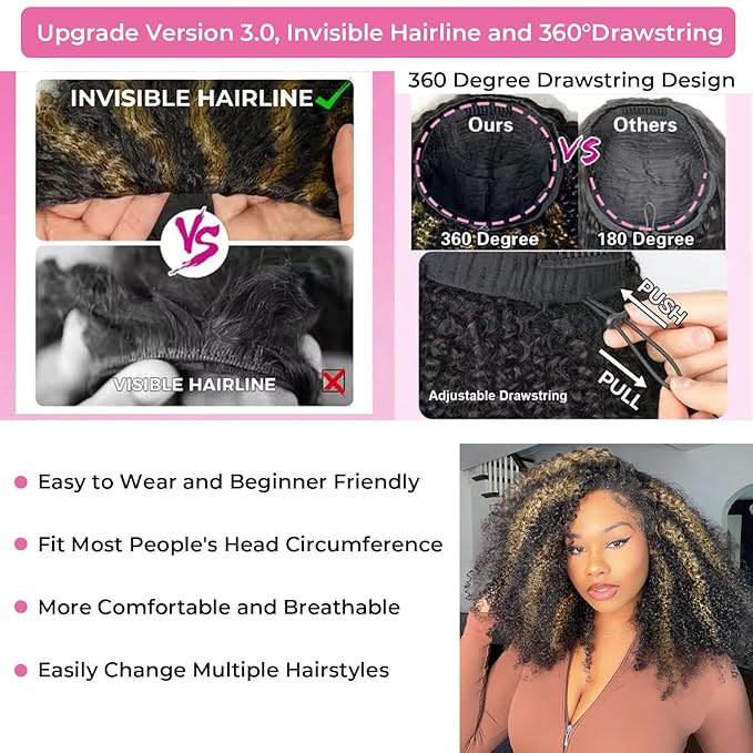 Kinky Curly Half Wig Human Hair 250% Density Wear Go Glueless Wigs Human Hair Curly 3 In 1 Half Wigs for Women Drawstring Seamless Flip Highlight Blonde Headband Wig Beginner Friendly (16 Inch)