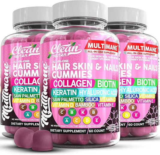 Clean Nutraceuticals Biotin Collagen Keratin Gummies | Hair Skin and Nails Vitamins for Women | Hyaluronic Acid Bamboo Vitamin A C D3 E Folate with Saw Palmetto Silica B3 B12 Vegan Gummy