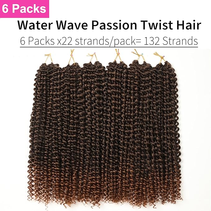 Ubeleco 18 Inch Passion Twist Hair, Water Wave Crochet Hair for Women Ombre Brown Passion Twist Crochet Hair 6 Packs Long Bohemian Synthetic Curly Braiding Hair Extensions(6pcs,1B/30)