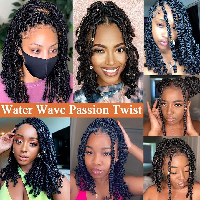 Leeven 7 Packs Water Wave Passion Twist Crochet Braiding Hair for Distressed Butterfly Locs 12 Inch Black Synthetic Bohemian Hair Extensions for Passion Twists (2#,18 Strands/Pack)