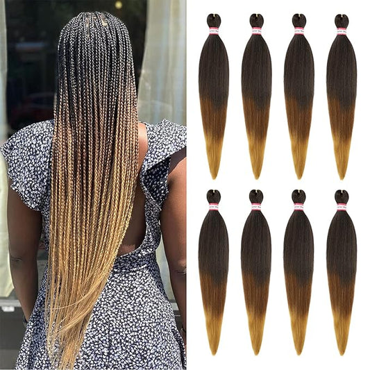Pre-stretched Braiding Hair 8 Packs 28 Inch Black to Brown Ombre Braiding Hair Natural Easy Twist Crochet Braids Hot Water Setting Professional Soft Yaki Straight Synthetic Hair Extension (#1B/30/27)