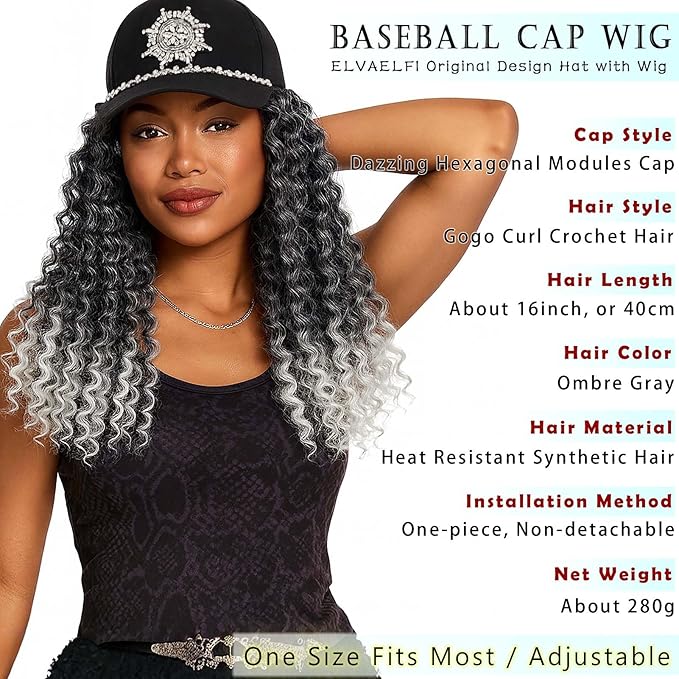 Hat with Gogo Curl Crochet Hair, 16-Inch Synthetic Long Grey Wig for Women, Ombre Gray Baseball Cap Wig
