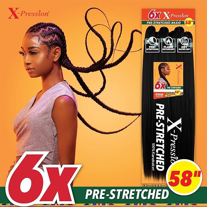 Sensationnel X-pression prestretched braiding hair - 6x braid 58 inch all kanekalon flame retardant synthetic braid for box braids and twists (1 JETBLACK)
