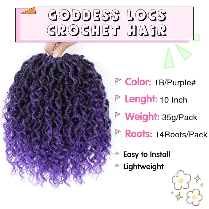 Fulcrum Goddess Locs Crochet Hair 10 Inch, 8 Packs New Faux Locs Crochet Hair for Black Women, Crochet locs with Curly Ends (10Inch (Pack of 8), 1B/Purple#)