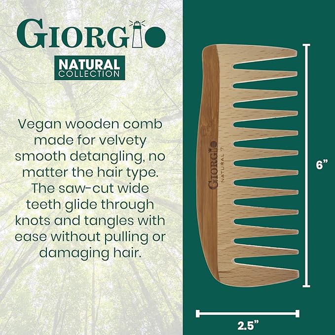 Giorgio GIONAT7 Large Natural Wooden Comb - Detangler Wide Tooth Comb for Curly, Long, and Thick Hair - Bamboo and Beechwood Organic Hair Comb