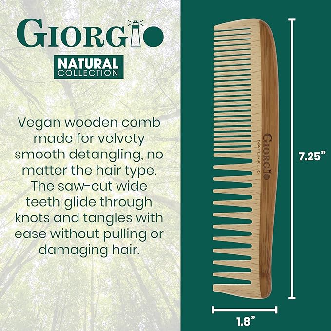 Giorgio GIONAT6 Natural Wooden Comb Hair Detangler - Half Fine Tooth and Wide Tooth Comb for Curly Hair, Bamboo and Beechwood Hair Combs for Thick Hair - Organic Wooden Hair Comb for Men and Women