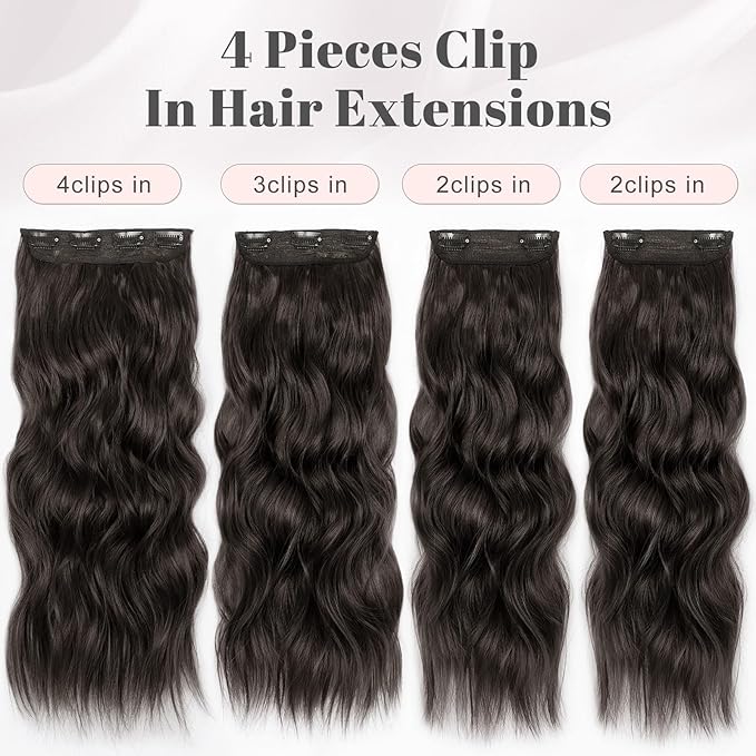 ALXNAN Clip in Long Wavy Synthetic Hair Extension 20 Inch Natural Black 4PCS Thick Hairpieces Fiber Double Weft Hair for Women