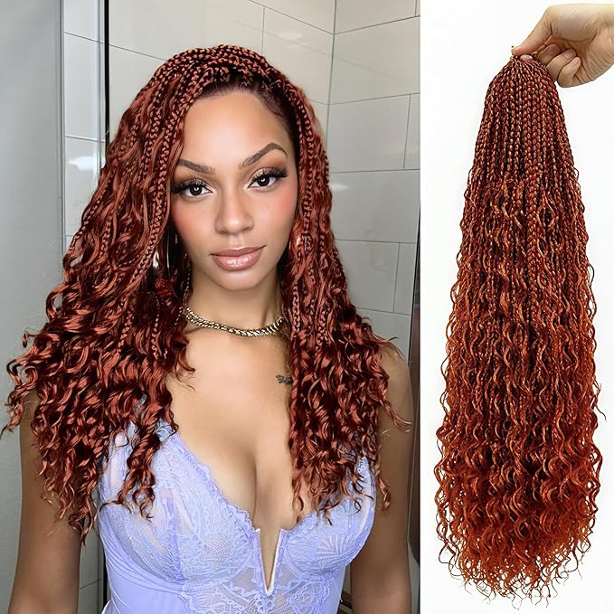 Eacia Goddess Box Braids Crochet Hair 24 Inch 7 Packs Reddish Brown Boho Braids for Women Pre Looped Crochet Hair with Curly Ends (24 Inch, Reddish Brown#)