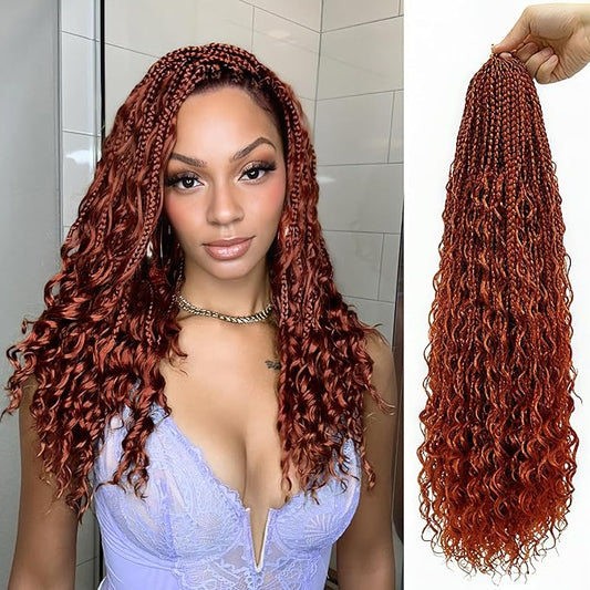 Eacia Goddess Box Braids Crochet Hair 24 Inch 7 Packs Reddish Brown Boho Braids for Women Pre Looped Crochet Hair with Curly Ends (24 Inch, Reddish Brown#)