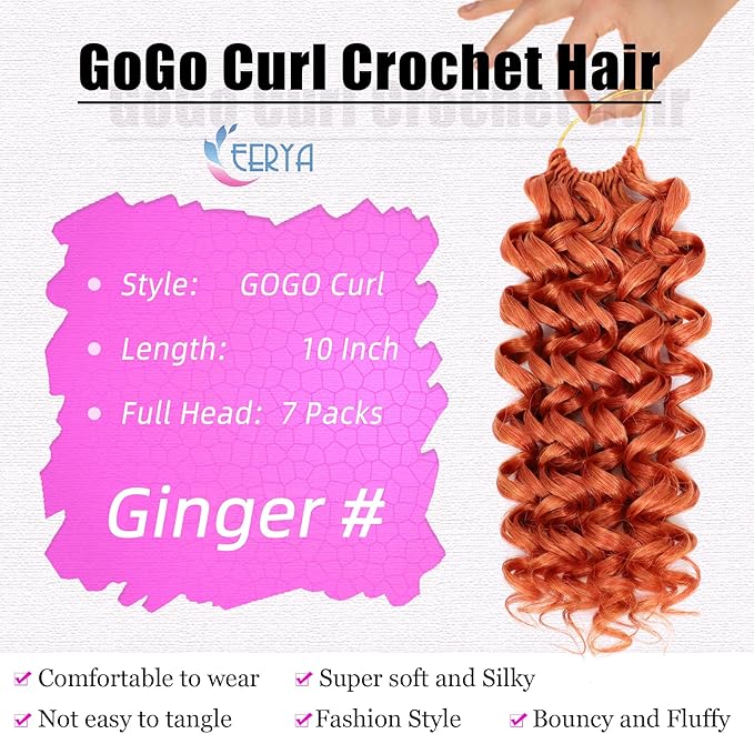 7 Packs GoGo Curl Crochet Hair 10 Inch Short ginger Curly Crochet Hair for Women Deep Wave Beach Curl Crochet Braids Synthetic Braiding Hair Extensions (10 Inch, ginger)