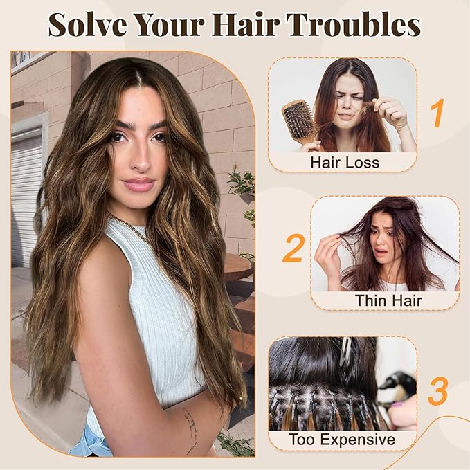 ALXNAN Clip in Long Wavy Synthetic Hair Extension 24 Inch Medium Brown with Blonde Highlights 4PCS Thick Hairpieces Fiber Double Weft Hair for Women