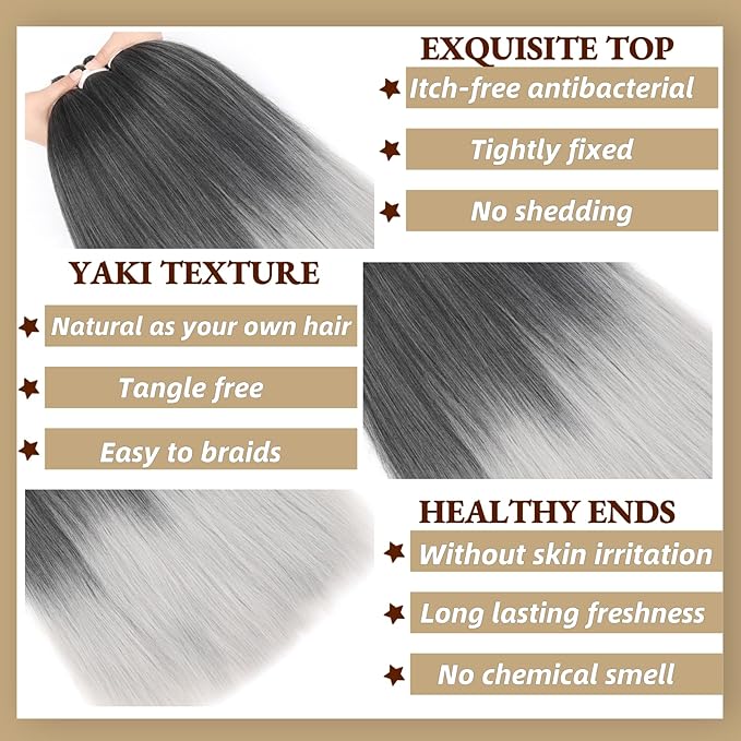 Ombre Braiding Hair 24 Inch Pre Stretched Braiding Hair Professional Hair Extensions 6 Packs Ombre Black to Gray Synthetic Crochet Hair Braids Yaki Texture Hair Braiding(24Inch,1B/Silver#)