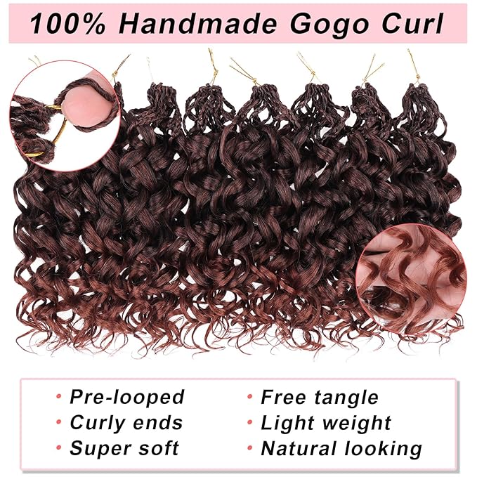 10 Inch Gogo Curl Crochet Hair 8 Packs Ocean Wave Crochet Hair Ombre Copper Red Pre-looped Short Curly Goddess Box Braids Beach Curl Synthetic Braiding Hair for Women (16Strands/pack T350#)