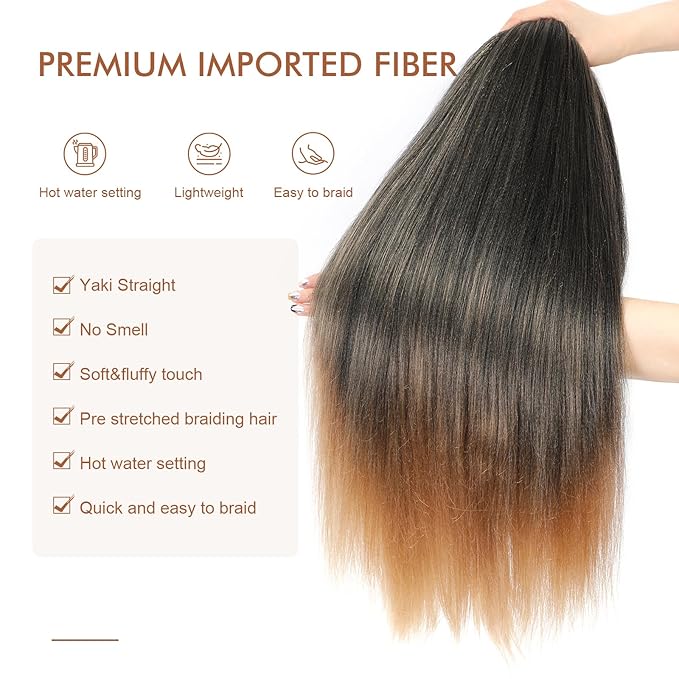 Pre-stretched Braiding Hair - 24 Inch 8 Packs Ombre Blonde Longt Braiding Hair For Twist or Box Braids, Yaki Texture Hot Water Setting Synthetic Braiding Hair Extensions (24 Inch, T27-8P)
