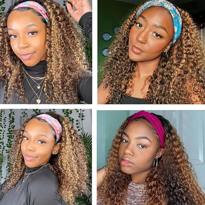 Ombre Highlight Headband Wig Human Hair #4/27 Colored Kinky Curly Headband Wig for Black Women Glueless None Lace Front Human Hair Wigs Brazilian Virgin Hair Wear and Go Wigs 150% Density 18 Inch