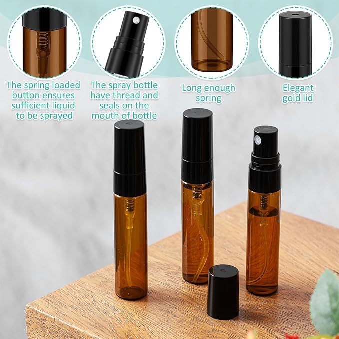 Zhehao 100 Pcs Mini Spray Bottles 5 ml Clear Glass Perfume Bottles Refillable Fine Mist Perfume Atomizer Portable Empty Sample Containers for Cleaning, Essential Oils, Travel (Amber)