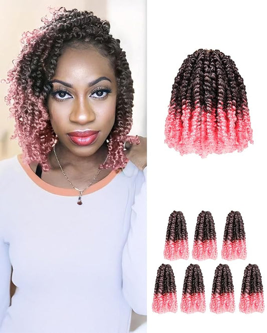 Super Short Passion Twist Crochet Hair for Black Women and Kids-6 Inch 7 Packs Ombre Pink Pre Looped Pre-twisted Passion Twist Hair,Bob Spring Kinky Twist Bohemian Curl(6"-7P,TPink)
