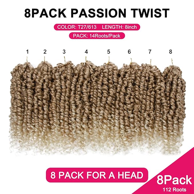 Passion Twist Hair For Kids - 8 Packs 8 Inch Passion Twist Crochet Hair For Women, Crochet Pretwisted Curly Hair Passion Twists Synthetic Braiding Hair Extensions(8 Inch 8 Packs, T27/613)