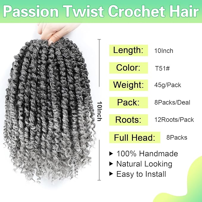 Passion Twist Crochet Hair 10Inch Passion Twist Hair 8 Packs Pre-Twisted Passion Twist Crochet Hair for Black Women Soft Passion Twist Curly Crochet Hair 10"(Pack of 8) T51