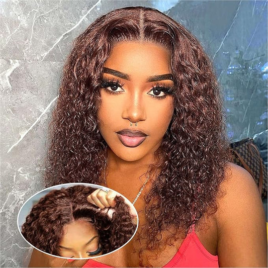 Curly Bob Wig Human Hair Deep Wave Glueless Wigs Human Hair Pre Plucked Pre Cut 5x5 Wear And Go HD Lace Closure Wigs Human Hair For Black Women 200% Density Chocolate Brown Color 14 Inch