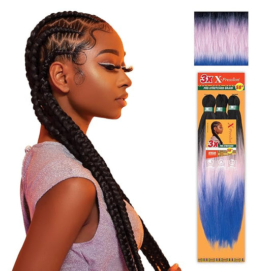 Sensationnel X-pression prestretched braiding hair - 3x braid 58 inch all kanekalon flame retardant synthetic braid for box braids and twists (2 pack, 3T1B/LPINK/BLUE)