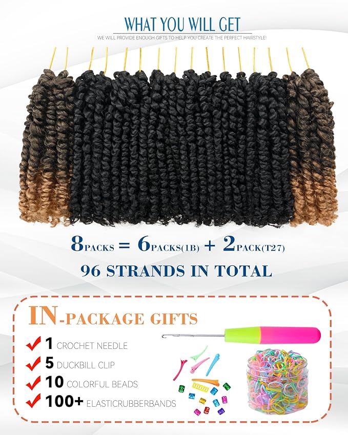 Passion Twist Crochet Hair-Mixed Color Combo Pack(6 packs 1B+2 packs T1B/27),Pre-twisted Pre Looped Super Soft & Bouncy Synthetic Braided Hair Extensions For Black Women and Kid(6"-8 Packs,1B+T27)