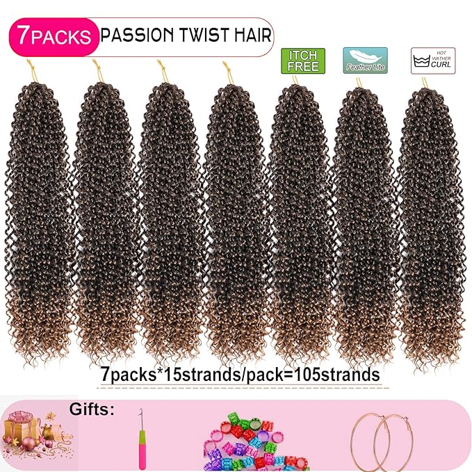 Passion Twist Hair,14 Inch Passion Twist Braiding Hair,7 Packs Water Wave Crochet Hair For Wrapping Passion Twists/Butterfly Locs/Spring Twist Crochet Braids Boho Crochet Hair(14 Inch,1B/27#)
