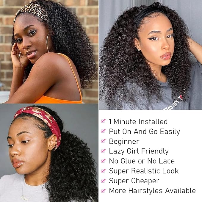 ISEE Headband Wig Human Hair Kinky Curly Human Hair Wigs for Black Women Glueless None Lace Front Wigs 180% Density 26inch