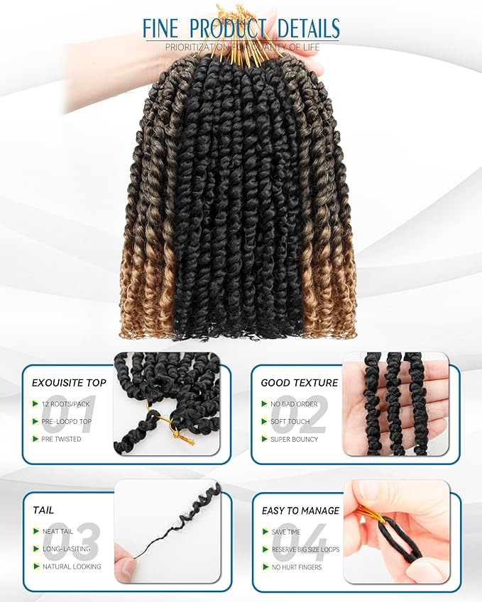 10 Inches 8 Packs Passion Twist Crochet Hair-Mixed Color Combo Pack(6 packs 1B+2 pack T1B/27),Pre Looped Pretwisted Hair Braided by Spring Kinky Twist Bohemian Curls(10 Inch(Pack of 8), 1B+T27)