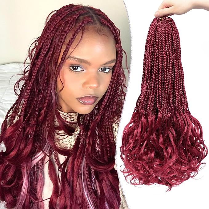 Burgundy French Curly Braiding Hair 18 Inch 8 Packs Red Crochet Box Braids with Curly Ends Pre-looped French Curl Crochet Hair for Women Synthetic Hair Extensions BUG#