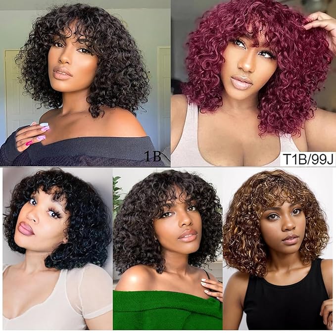 Curly Wig Human Hair With Bangs Real Human Hair Wigs For Women Wet And Wavy Wig Upgrade 2x4 HD Lace Curly Deep Wave Glueless Wigs Black Color 10inch