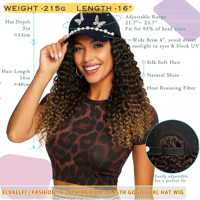 Hat with Gogo Hair Extensions, 16-Inch Synthetic Curly Brown Wig, Beach Curl Crochet Hair for Black Women
