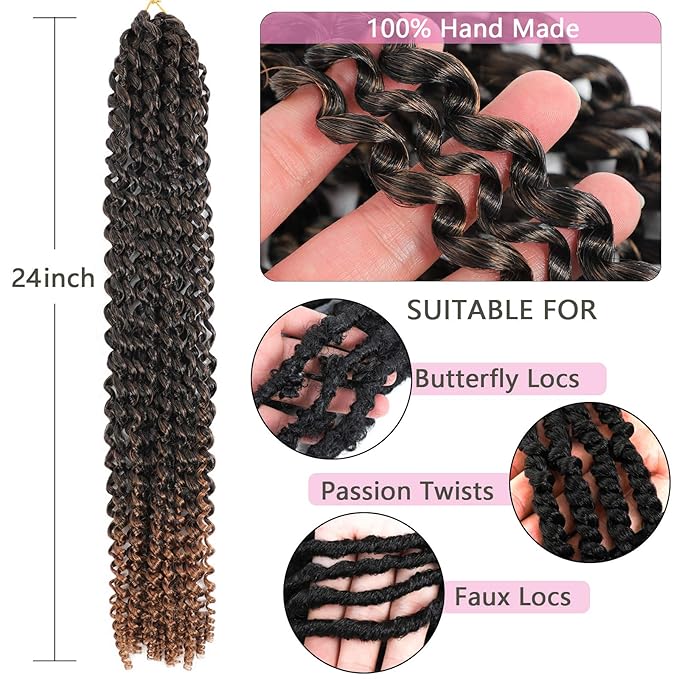 Passion Twist Hair Brown 24 Inch 8 Packs Passion Twist Crochet Hair Water Wave Braiding Hair Curly Long Spring Twist Hair Synthetic Hair Extension (24 Inch (Pack of 8), T30)
