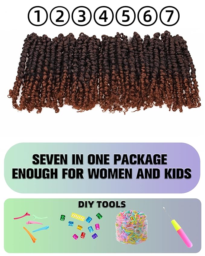8 Inch 7 Packs Pre Looped Pretwisted Passion Twist Crochet Hair for Black Women and Kids-Ombre Brown,Soft Hair Extensions Braided by Synthetic Spring Kinky Twist Bohemian Curl(T30)