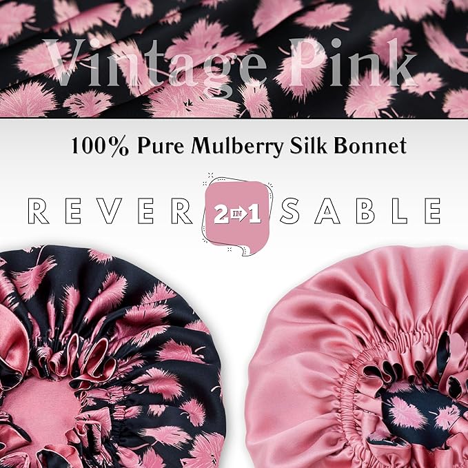 100% Mulberry Silk Bonnet for Women – Handmade in USA, 19 Momme Double-Layer Reversible Hair Wrap, Non-Slip Sleep Cap for Curly & Natural Hair, Luxury Hair Protection (Vintage Pink)
