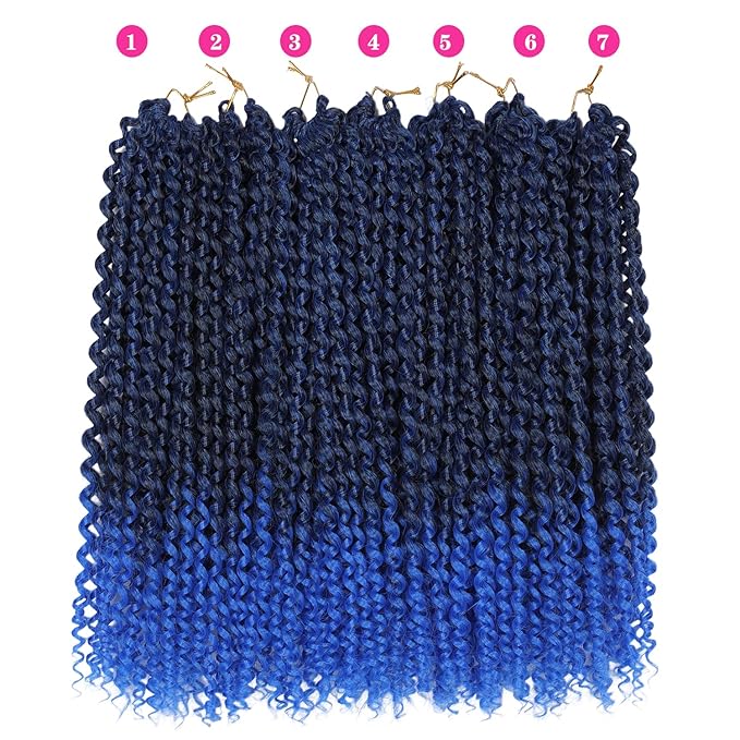 14 Inch Ombre Blue Passion Twist Hair, Water Wave Crochet Hair For Women Passion Twist Crochet Hair 22 Strands/Pack Bohemian Synthetic Curly Braiding Hair Extensions (14 Inch (Pack of 7),1B/Blue)