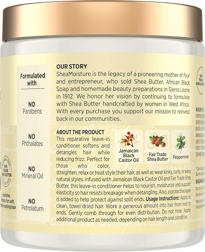 SheaMoisture Leave In Conditioner Jamaican Black Castor Oil Conditioner For Hair To Soften and Detangle Hair 20 oz