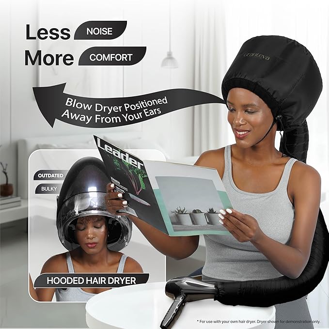Hooded Hair Dryer Attachment w/A Headband Integrated That Reduces Heat Around Ears & Neck - Hair Dryer Hooded Diffuser Cap for Curly, Speeds Up Drying Time, Deep Conditioning At Home - Portable, Large
