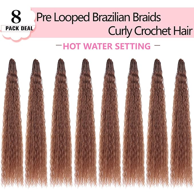 Xtrend Honey Brown Pre Looped Micro Brazilian Kinky Curly Crochet Hair 24 Inch 8 Packs Micro Curly Braiding Hair Extensions Synthetic Deep Wave For Mini Senegalese Twist Hair (30 Strands/Pack, 30#)