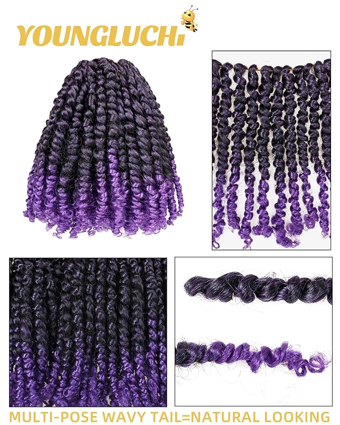 Super Short Passion Twist Crochet Hair for Black Women and Kids-6 Inch 7 Packs Ombre Purple Pre Looped Pre-twisted Passion Twist Hair,Bob Spring Kinky Twist Bohemian Curl(6"-7P,Tpurple)